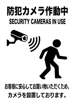 防犯カメラ作動中のイラスト。監視カメラと人のシルエット。万引き防止とセキュリティのアイコン。
